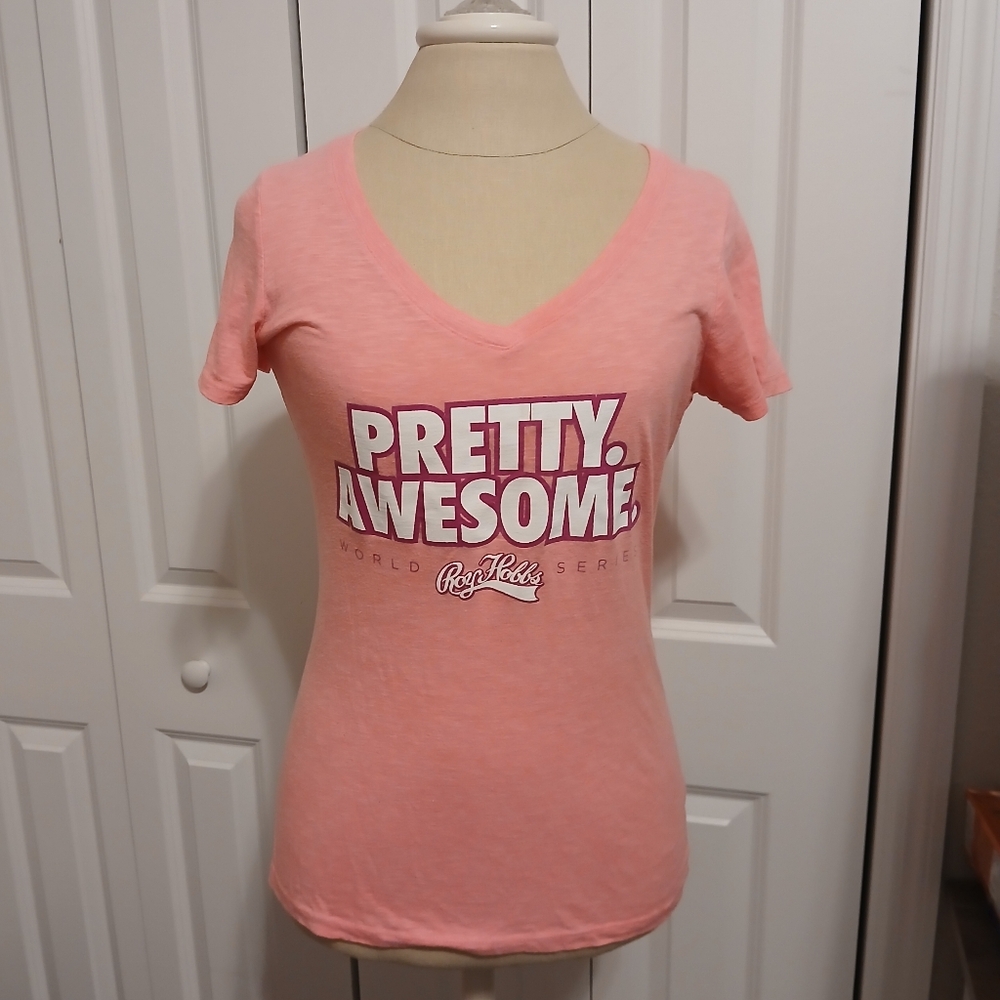 Ladies Roy Hobbs Baseball World Series Pretty Awesome V-Neck Pink T-Shirt Small